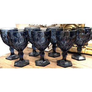 Vintage Fostoria Moonstone Wine Goblets Set of 8 Dark Blue Elegant Glass